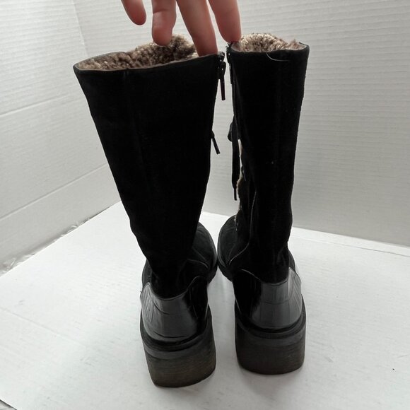 Stuart Weitzman Black Suede Brown Faux Fur Lined Stacked Heel Boot Zip Up 8.5 - Picture 7 of 11